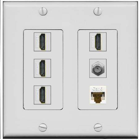 RiteAV 4 Port HDMI 1 Coax Cable TV- F-Type 1 Cat6 Ethernet Wall Plate - 2 Gang [Gray/Gray]