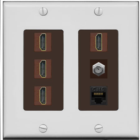 RiteAV 4 Port HDMI 1 Coax Cable TV- F-Type 1 Cat6 Ethernet Wall Plate - 2 Gang [Gray/Brown]