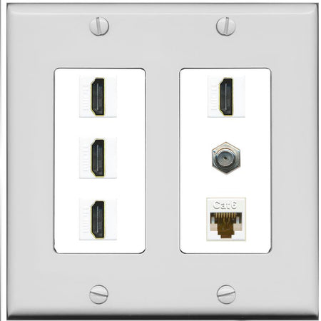 RiteAV 4 Port HDMI 1 Coax Cable TV- F-Type 1 Cat6 Ethernet Wall Plate - 2 Gang [Gray/White]