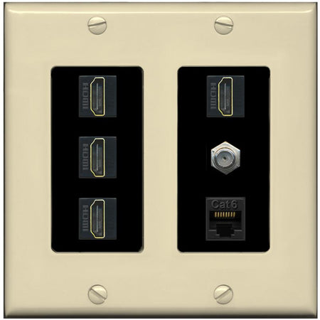RiteAV 4 Port HDMI 1 Coax Cable TV- F-Type 1 Cat6 Ethernet Wall Plate - 2 Gang [Ivory/Black]