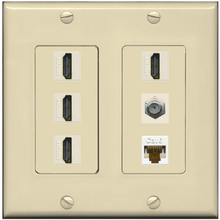 RiteAV 4 Port HDMI 1 Coax Cable TV- F-Type 1 Cat6 Ethernet Wall Plate - 2 Gang [Ivory/Ivory]