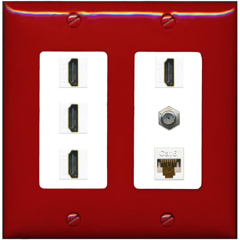 RiteAV 4 Port HDMI 1 Coax Cable TV- F-Type 1 Cat6 Ethernet Wall Plate - 2 Gang [Red/White]