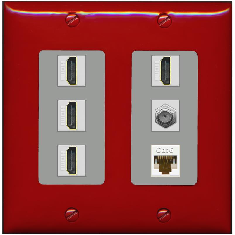 RiteAV 4 Port HDMI 1 Coax Cable TV- F-Type 1 Cat6 Ethernet Wall Plate - 2 Gang [Red/Gray]