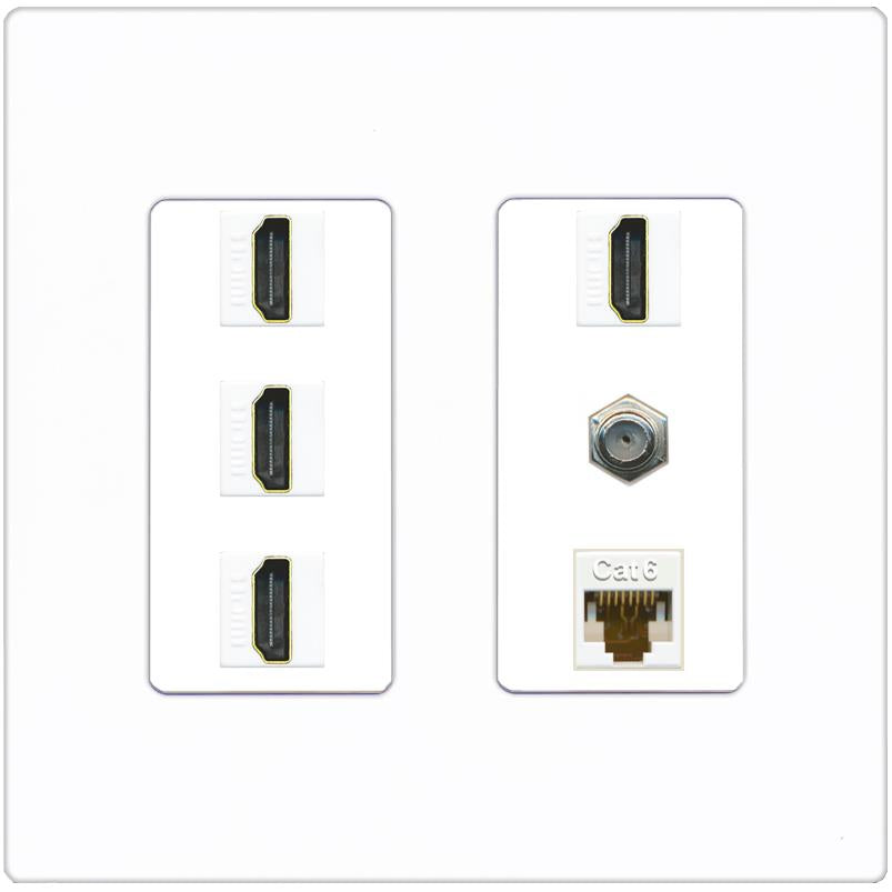 RiteAV 4 Port HDMI 1 Coax Cable TV- F-Type 1 Cat6 Ethernet Wall Plate - 2 Gang [Screwless White]