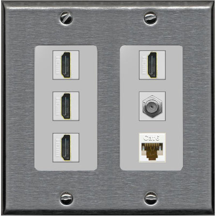 RiteAV 4 Port HDMI 1 Coax Cable TV- F-Type 1 Cat6 Ethernet Wall Plate - 2 Gang [Stainless/Gray]