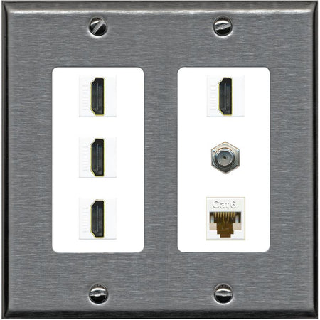 RiteAV 4 Port HDMI 1 Coax Cable TV- F-Type 1 Cat6 Ethernet Wall Plate - 2 Gang [Stainless/White]