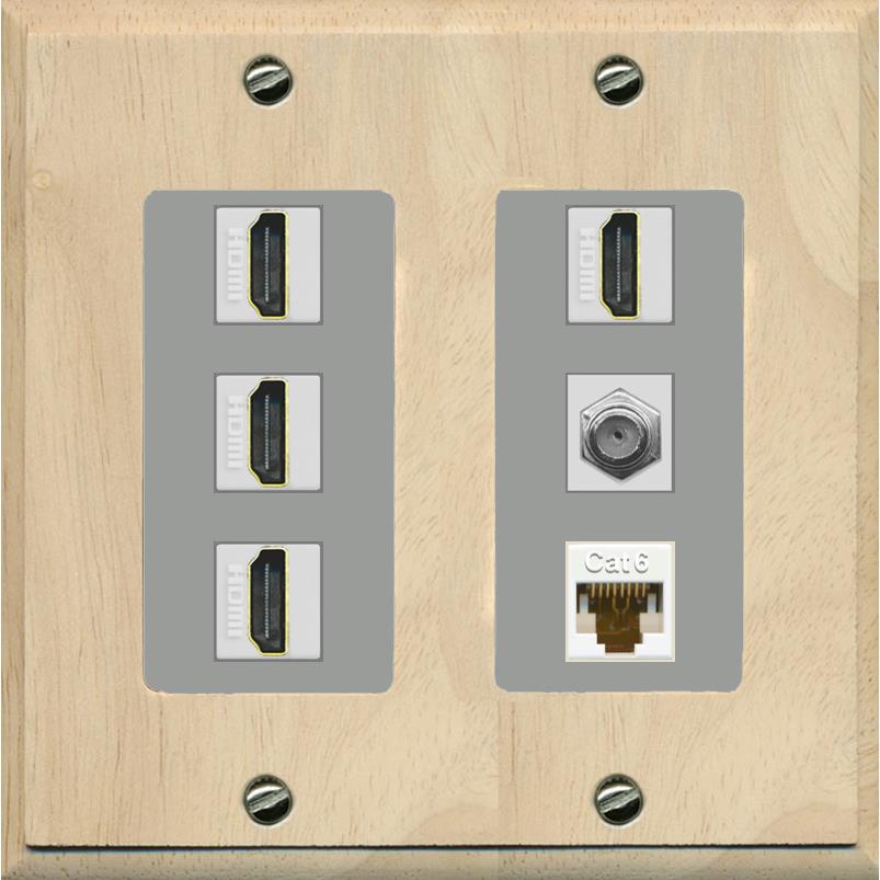 RiteAV 4 Port HDMI 1 Coax Cable TV- F-Type 1 Cat6 Ethernet Wall Plate - 2 Gang [Wood/Gray]