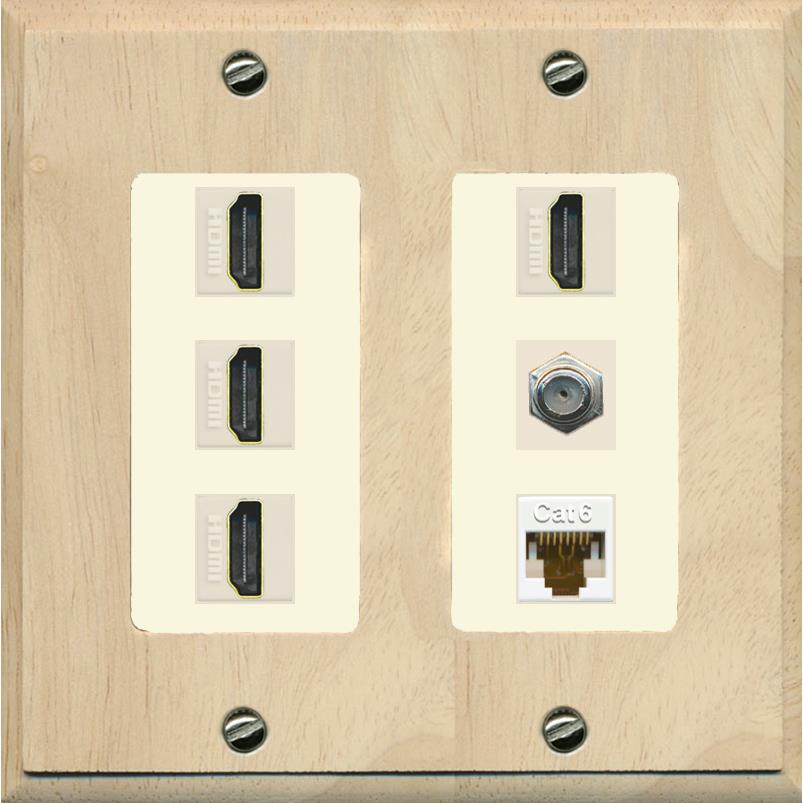 RiteAV 4 Port HDMI 1 Coax Cable TV- F-Type 1 Cat6 Ethernet Wall Plate - 2 Gang [Wood/Light-Almond]