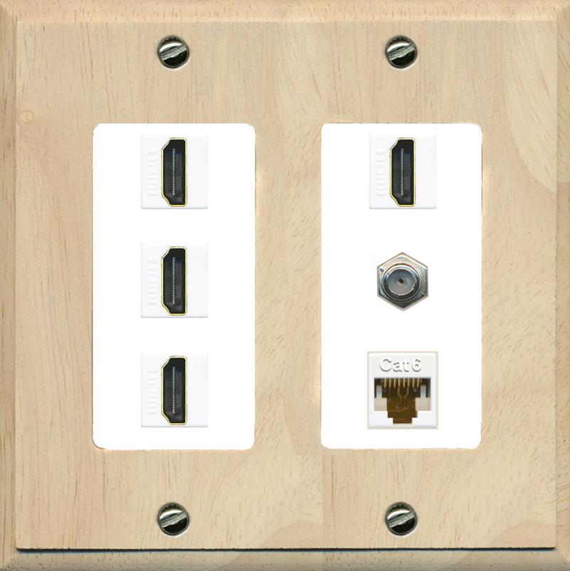 RiteAV 4 Port HDMI 1 Coax Cable TV- F-Type 1 Cat6 Ethernet Wall Plate - 2 Gang [Wood/White]