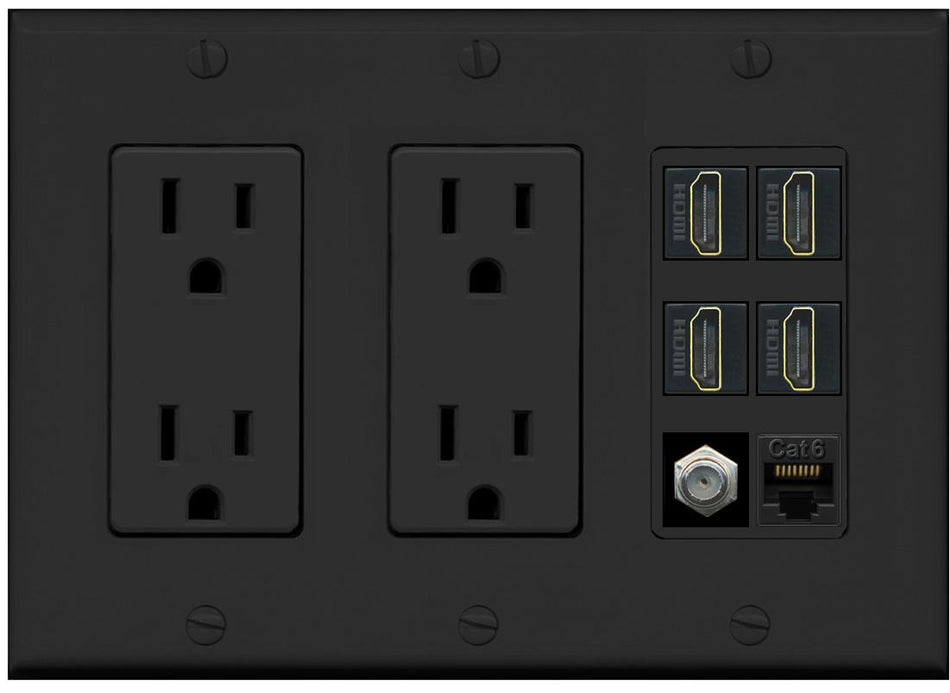 RiteAV 4 Port HDMI 1 Coax Cable TV- F-Type 1 Cat6 Ethernet Wall Plate - 2 Outlet [Black/Black]