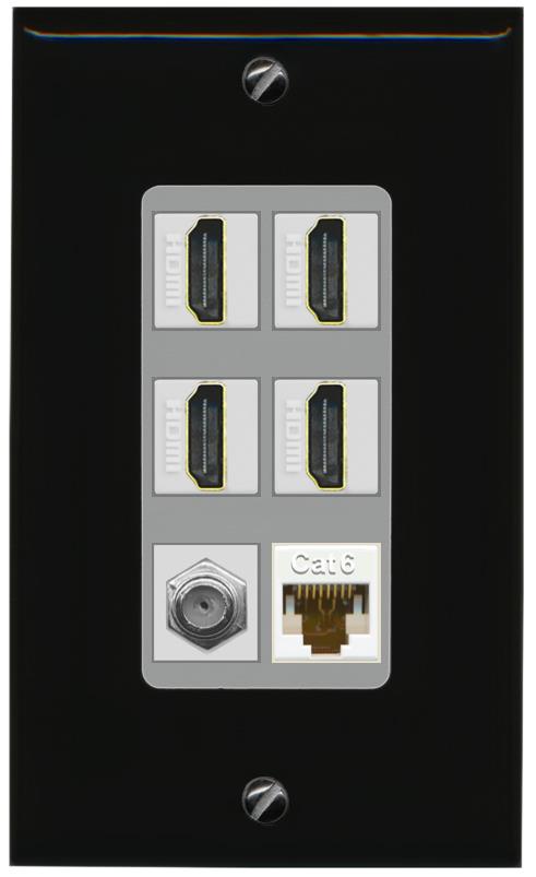RiteAV 4 Port HDMI 1 Coax Cable TV- F-Type 1 Cat6 Ethernet Wall Plate - 1 Gang [Black/Gray]