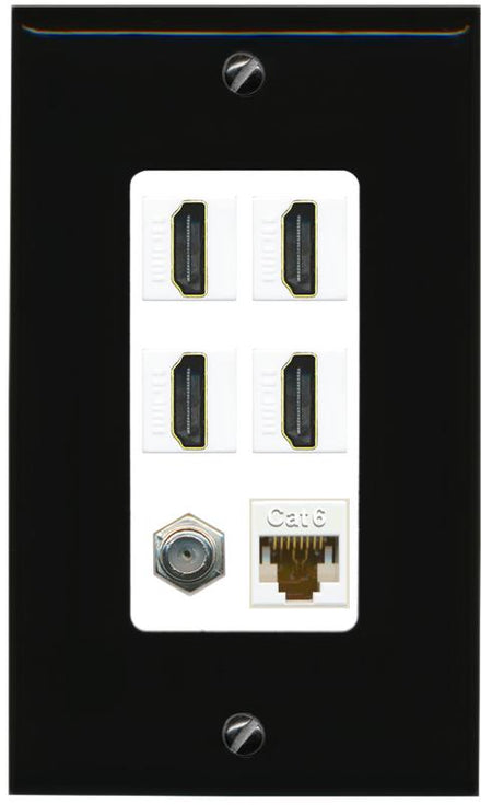 RiteAV 4 Port HDMI 1 Coax Cable TV- F-Type 1 Cat6 Ethernet Wall Plate - 1 Gang [Black/White]