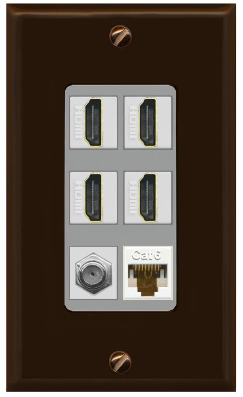 RiteAV 4 Port HDMI 1 Coax Cable TV- F-Type 1 Cat6 Ethernet Wall Plate - 1 Gang [Brown/Gray]