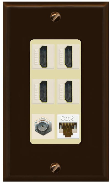 RiteAV 4 Port HDMI 1 Coax Cable TV- F-Type 1 Cat6 Ethernet Wall Plate - 1 Gang [Brown/Ivory]