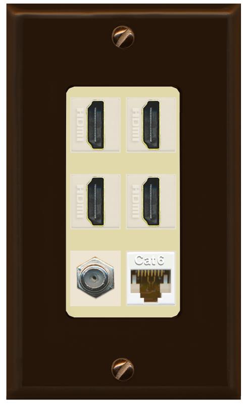 RiteAV 4 Port HDMI 1 Coax Cable TV- F-Type 1 Cat6 Ethernet Wall Plate - 1 Gang [Brown/Ivory]