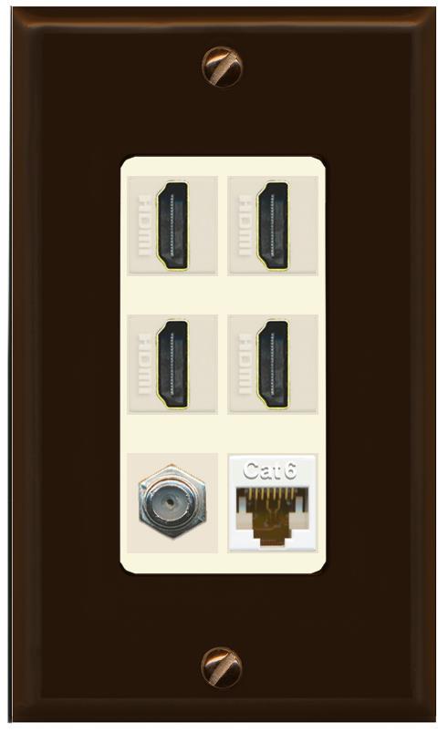 RiteAV 4 Port HDMI 1 Coax Cable TV- F-Type 1 Cat6 Ethernet Wall Plate - 1 Gang [Brown/Light-Almond]