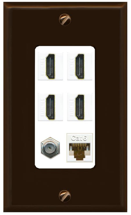 RiteAV 4 Port HDMI 1 Coax Cable TV- F-Type 1 Cat6 Ethernet Wall Plate - 1 Gang [Brown/White]