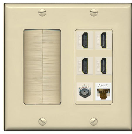 RiteAV 4 Port HDMI 1 Coax Cable TV- F-Type 1 Cat6 Ethernet Wall Plate - Brush [Ivory/Ivory]