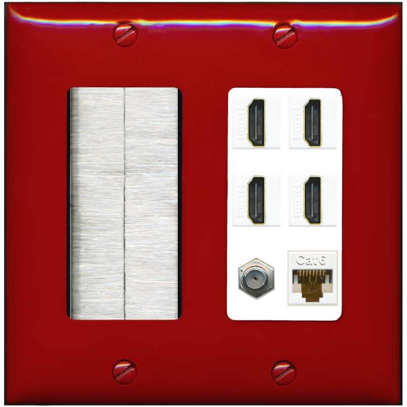 RiteAV 4 Port HDMI 1 Coax Cable TV- F-Type 1 Cat6 Ethernet Wall Plate - Brush [Red/White]