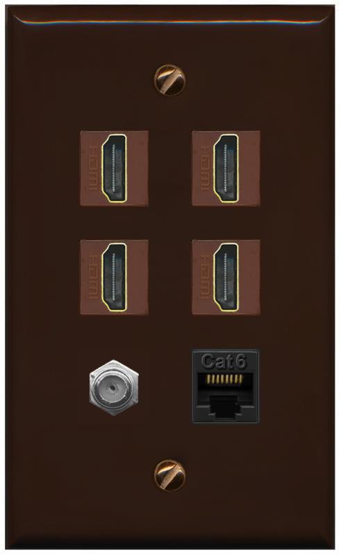 RiteAV 4 Port HDMI 1 Coax Cable TV- F-Type 1 Cat6 Ethernet Wall Plate - Flat [Brown/Brown]