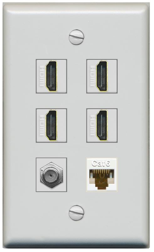 RiteAV 4 Port HDMI 1 Coax Cable TV- F-Type 1 Cat6 Ethernet Wall Plate - Flat [Gray/Gray]