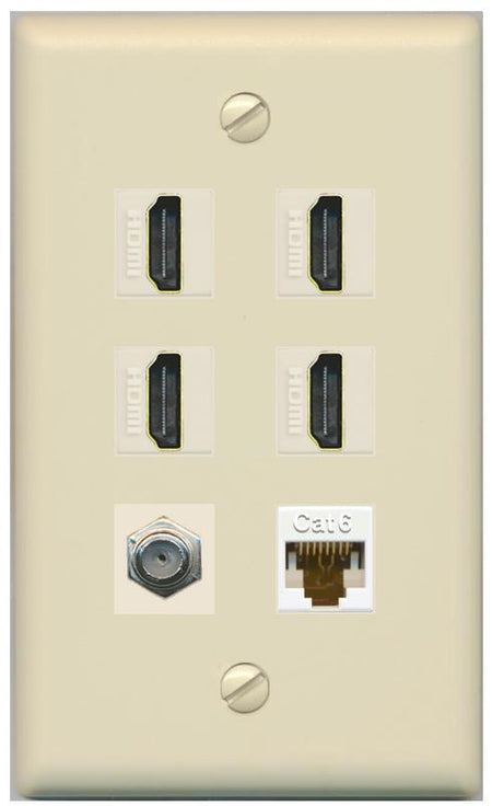 RiteAV 4 Port HDMI 1 Coax Cable TV- F-Type 1 Cat6 Ethernet Wall Plate - Flat [Ivory/Ivory]