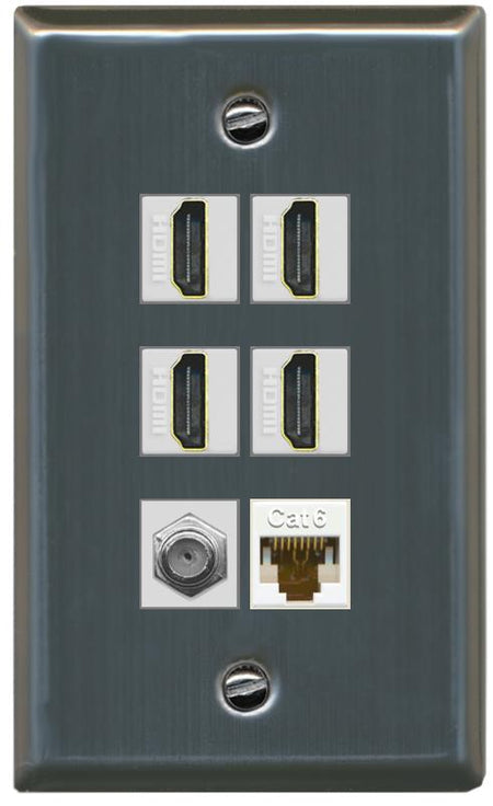RiteAV 4 Port HDMI 1 Coax Cable TV- F-Type 1 Cat6 Ethernet Wall Plate - Flat [Stainless Steel]