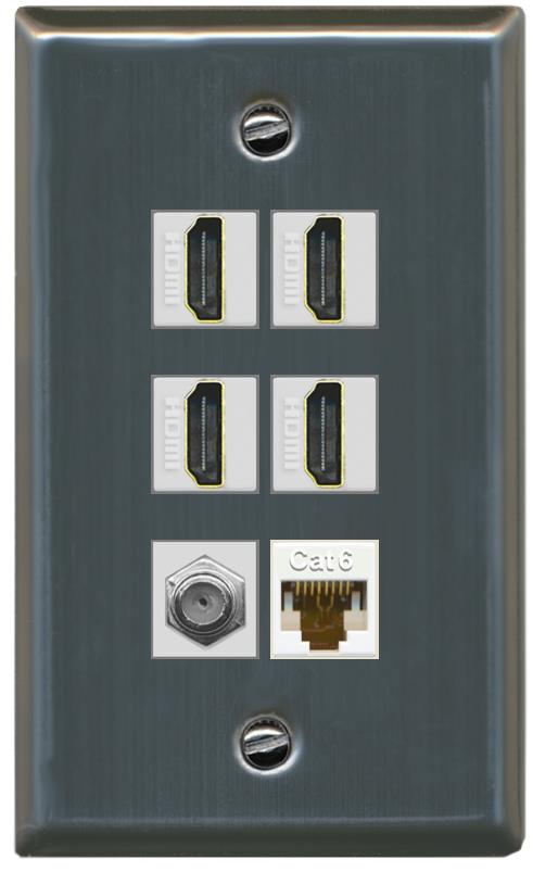RiteAV 4 Port HDMI 1 Coax Cable TV- F-Type 1 Cat6 Ethernet Wall Plate - Flat [Stainless Steel]