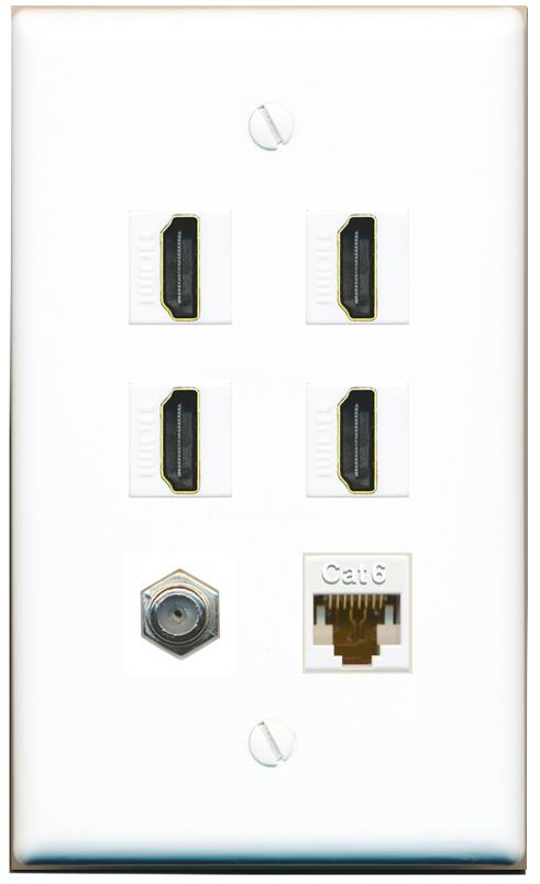 RiteAV 4 Port HDMI 1 Coax Cable TV- F-Type 1 Cat6 Ethernet Wall Plate - Flat [White]