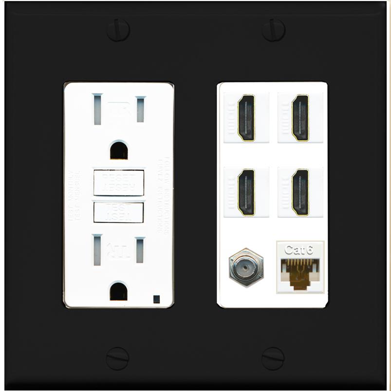 RiteAV 4 Port HDMI 1 Coax Cable TV- F-Type 1 Cat6 Ethernet Wall Plate - GFCI [Black/White]
