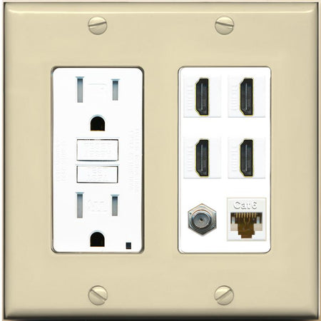 RiteAV 4 Port HDMI 1 Coax Cable TV- F-Type 1 Cat6 Ethernet Wall Plate - GFCI [Ivory/White]