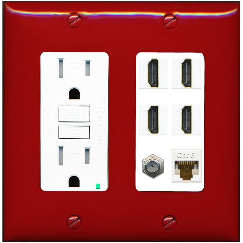 RiteAV 4 Port HDMI 1 Coax Cable TV- F-Type 1 Cat6 Ethernet Wall Plate - GFCI [Red/White]
