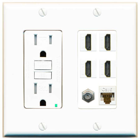 RiteAV 4 Port HDMI 1 Coax Cable TV- F-Type 1 Cat6 Ethernet Wall Plate - GFCI [White]