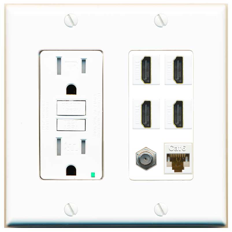 RiteAV 4 Port HDMI 1 Coax Cable TV- F-Type 1 Cat6 Ethernet Wall Plate - GFCI [White]