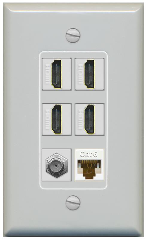 RiteAV 4 Port HDMI 1 Coax Cable TV- F-Type 1 Cat6 Ethernet Wall Plate - 1 Gang [Gray/Gray]