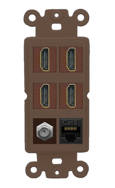 RiteAV 4 Port HDMI 1 Coax Cable TV- F-Type 1 Cat6 Ethernet Wall Plate - Rocker [Brown/Brown]
