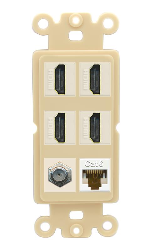RiteAV 4 Port HDMI 1 Coax Cable TV- F-Type 1 Cat6 Ethernet Wall Plate - Rocker [Ivory/Ivory]