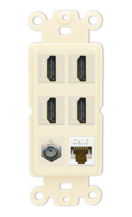 RiteAV 4 Port HDMI 1 Coax Cable TV- F-Type 1 Cat6 Ethernet Wall Plate - Rocker [Light-Almond]