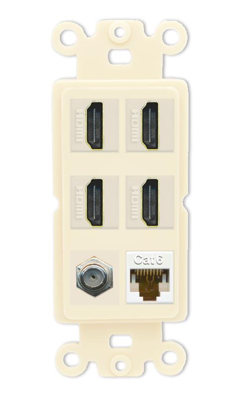 RiteAV 4 Port HDMI 1 Coax Cable TV- F-Type 1 Cat6 Ethernet Wall Plate - Rocker [Light-Almond]