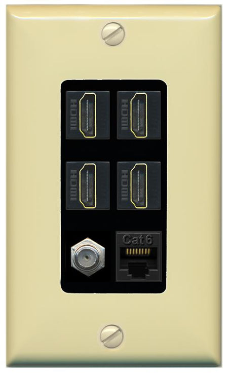 RiteAV 4 Port HDMI 1 Coax Cable TV- F-Type 1 Cat6 Ethernet Wall Plate - 1 Gang [Ivory/Black]
