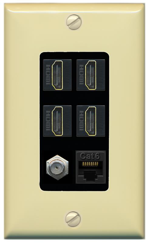 RiteAV 4 Port HDMI 1 Coax Cable TV- F-Type 1 Cat6 Ethernet Wall Plate - 1 Gang [Ivory/Black]