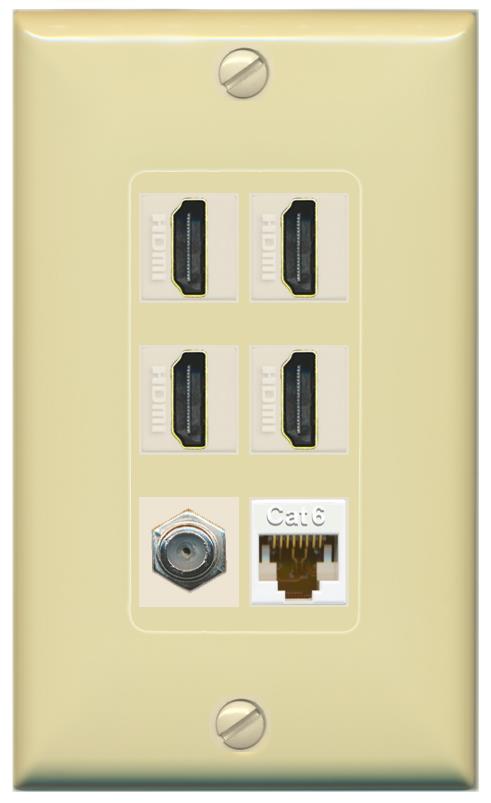 RiteAV 4 Port HDMI 1 Coax Cable TV- F-Type 1 Cat6 Ethernet Wall Plate - 1 Gang [Ivory/Ivory]