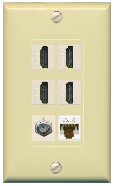 RiteAV 4 Port HDMI 1 Coax Cable TV- F-Type 1 Cat6 Ethernet Wall Plate - 1 Gang [Ivory/Ivory]