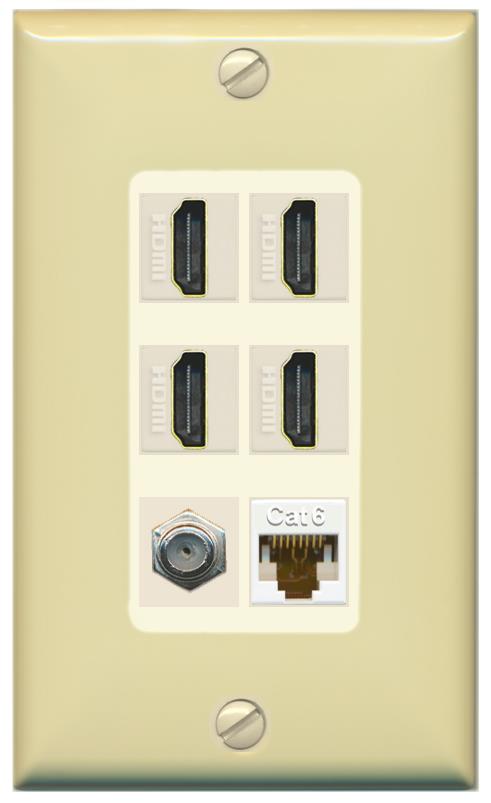 RiteAV 4 Port HDMI 1 Coax Cable TV- F-Type 1 Cat6 Ethernet Wall Plate - 1 Gang [Ivory/Light-Almond]