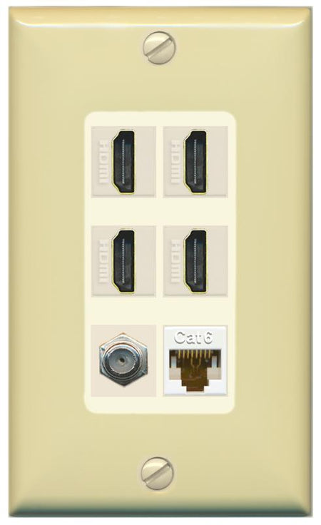 RiteAV 4 Port HDMI 1 Coax Cable TV- F-Type 1 Cat6 Ethernet Wall Plate - 1 Gang [Ivory/Light-Almond]