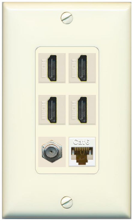 RiteAV 4 Port HDMI 1 Coax Cable TV- F-Type 1 Cat6 Ethernet Wall Plate - 1 Gang [Light-Almond]