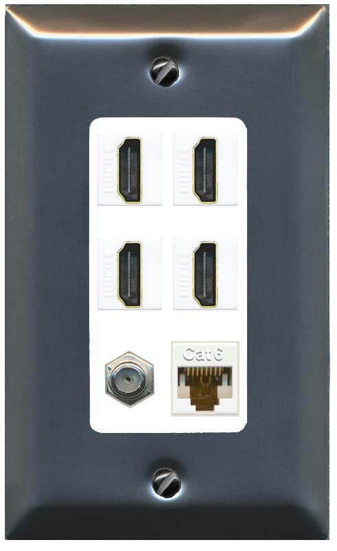 RiteAV 4 Port HDMI 1 Coax Cable TV- F-Type 1 Cat6 Ethernet Wall Plate - 1 Gang [Brushed-Nickel/White]