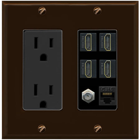 RiteAV 4 Port HDMI 1 Coax Cable TV- F-Type 1 Cat6 Ethernet Wall Plate - Outlet [Brown/Black]