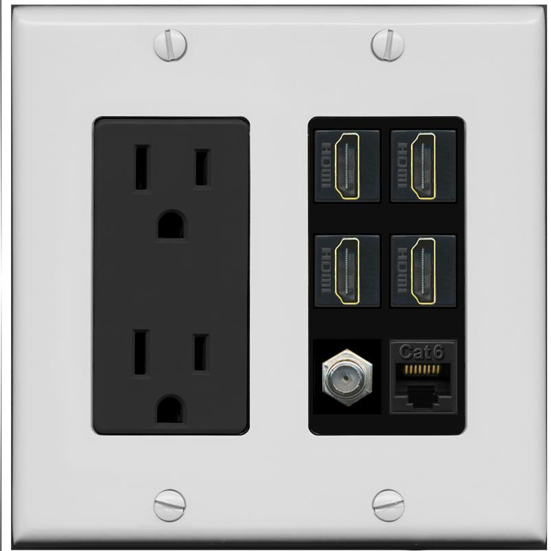 RiteAV 4 Port HDMI 1 Coax Cable TV- F-Type 1 Cat6 Ethernet Wall Plate - Outlet [Gray/Black]