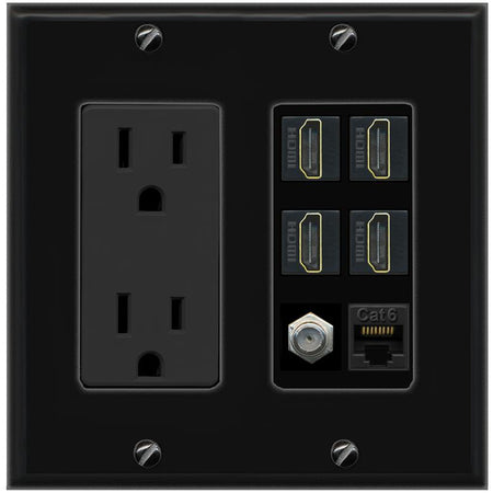 RiteAV 4 Port HDMI 1 Coax Cable TV- F-Type 1 Cat6 Ethernet Wall Plate - Outlet [Black/Black]